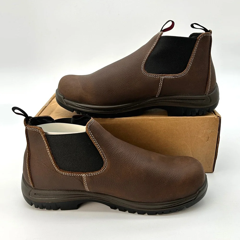 Comp Toe Work Boots Avenger Foreman Romeo Men Sz 9.5 W Brown Leather Pull-on NEW